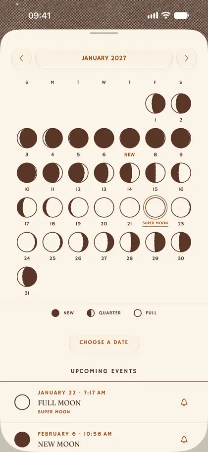 Plenilune’s calendar, open over the Moon screen: a whole month, with the moon’s phase for every night.