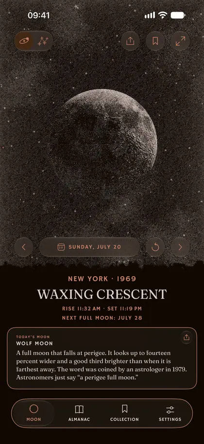 Plenilune’s Moon screen on a past date: the moon of that night, engraved.