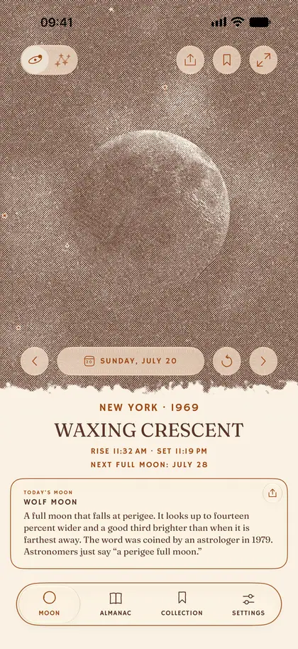 Plenilune’s Moon screen on a past date: the moon of that night, engraved.